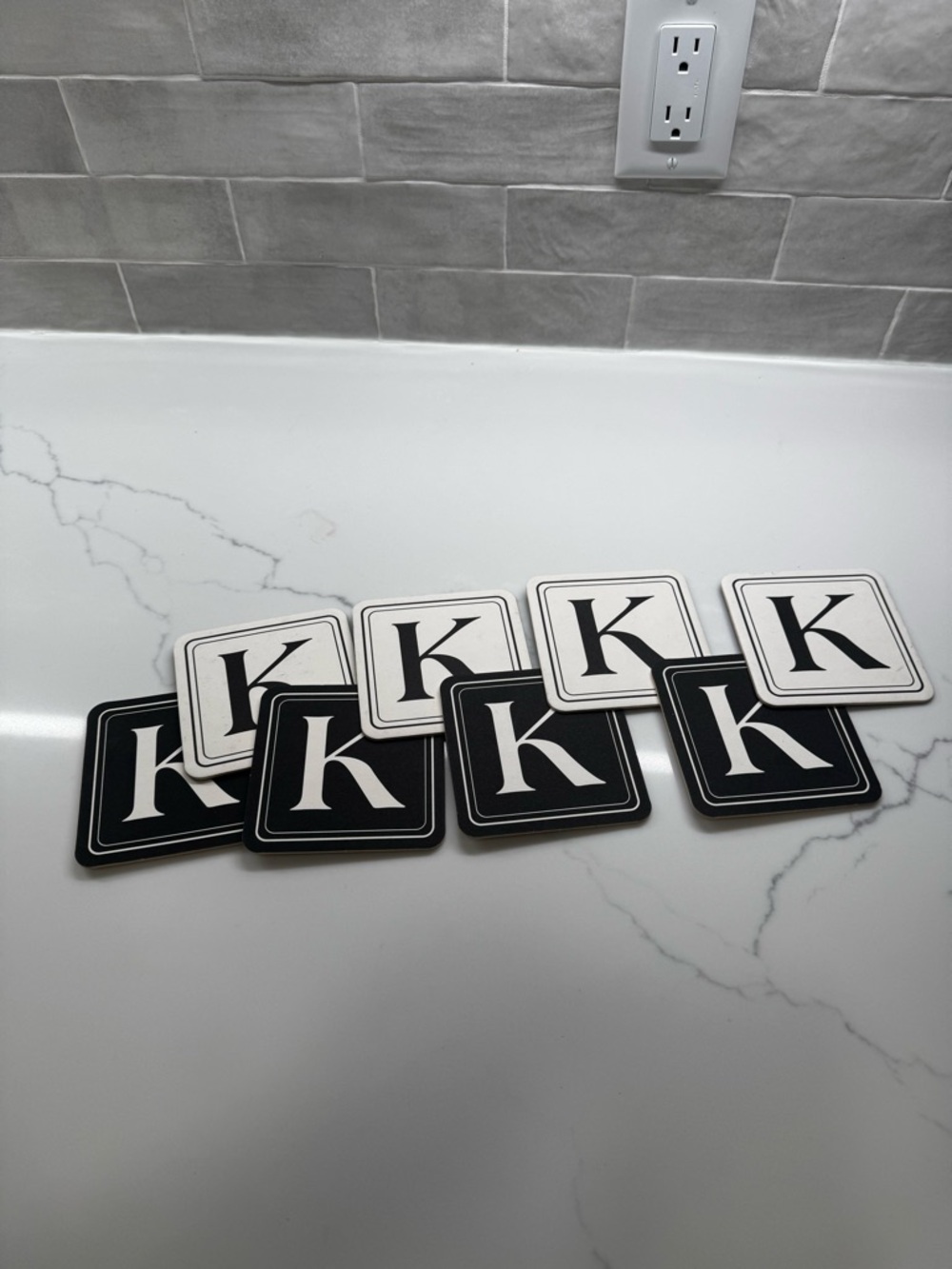 Set of 8 Double-Sided Monogram "K" Coasters - Black & White Modern